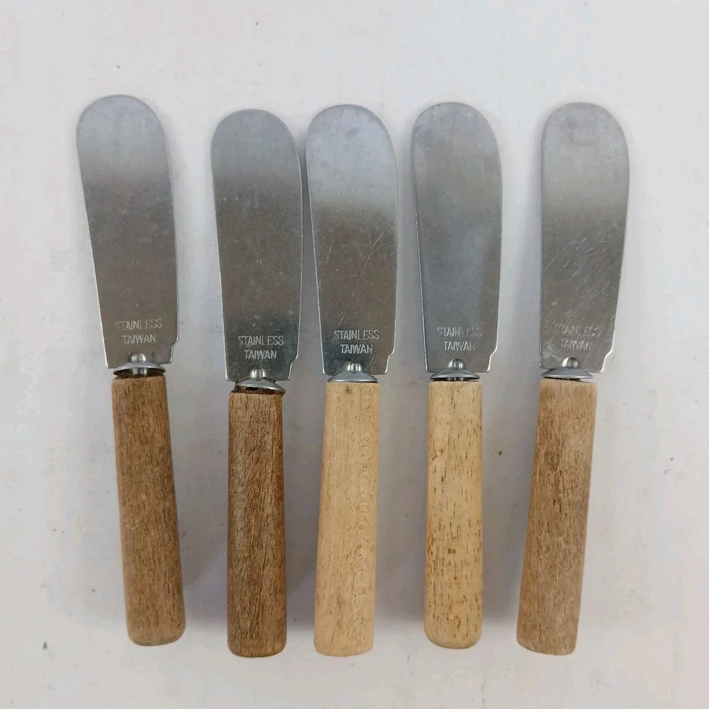 Set 5‎ Vtg Party Spreaders Taiwan Wood Handle Cheese Knives Charcuterie 4.1/4